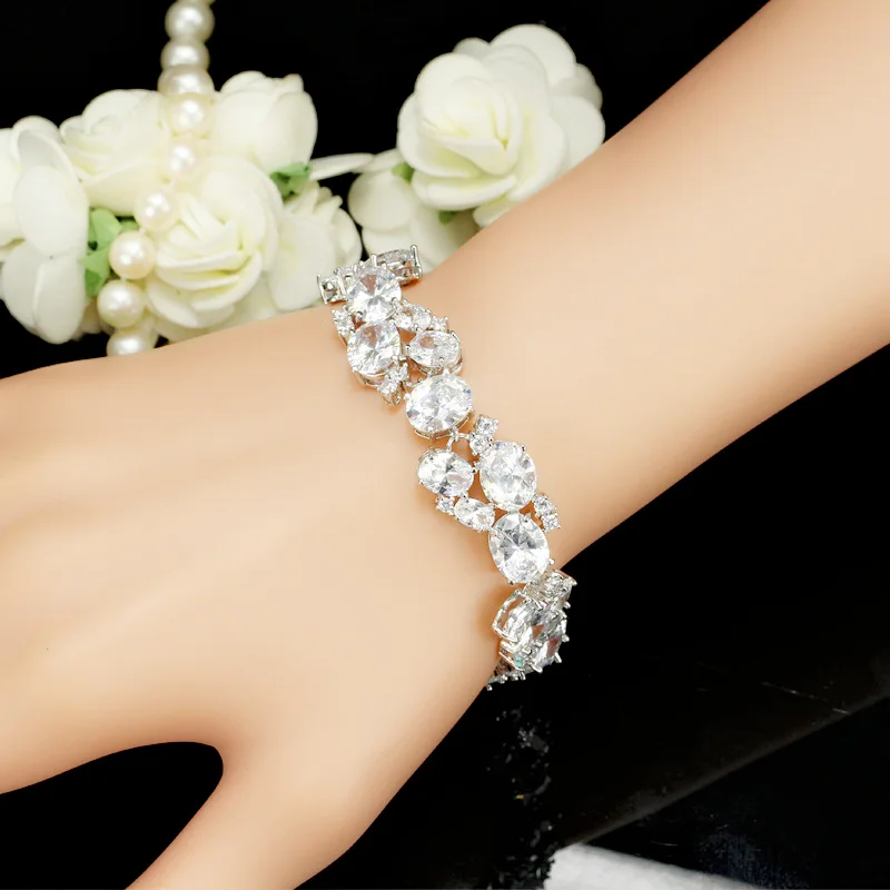 CWWZircons Stunning Oval African Cubic Zirconia White Gold Color Big Wide Bridal Wedding Bracelets Jewelry for Brides Gift CB001