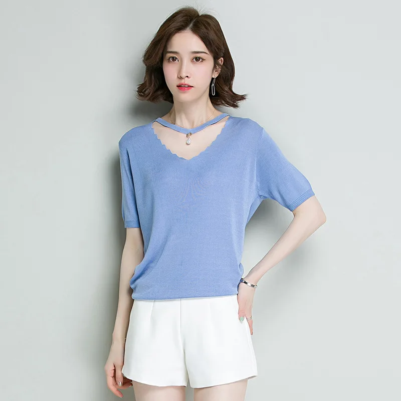 

Solid Color Women's Knitted T-shirt Wear Short Sleeve Breathable Bright Silk Korean Bottoming Top Casual Elegant T-shirts H9217