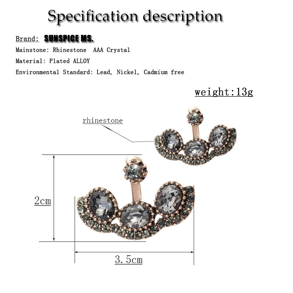 SUNSPICE MS Vintage Gray Crystal Women Drop Earring Round Bead Antique Gold Color Indian Jewelry BOHO Fashion Wedding Bijoux