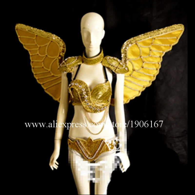 Catwalk Shows Stage Performance Gold Angel Wings Women Cosplay Ballroom Costumes Suit Clothes For Halloween Christmas Party