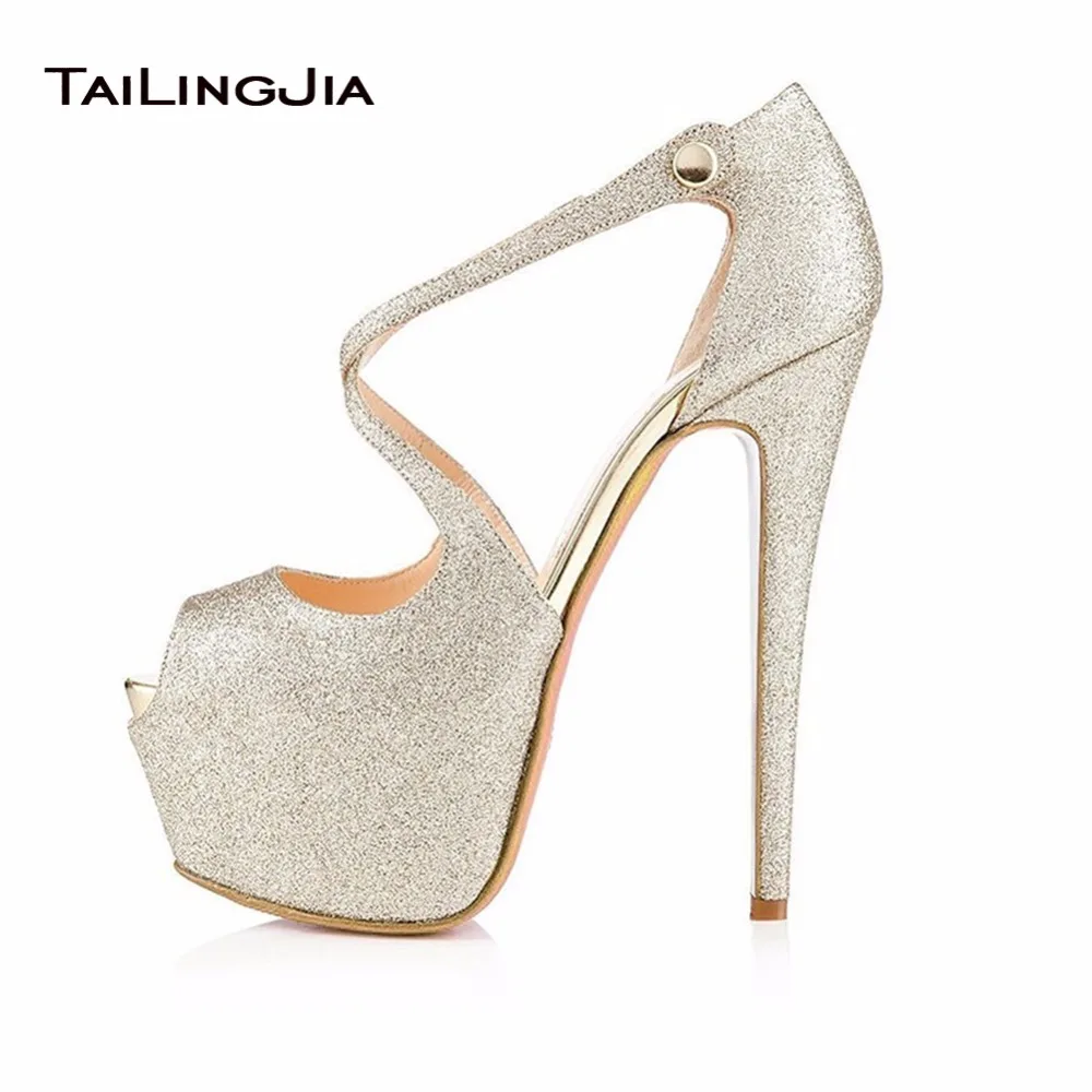 Women Hot High Heel Peep Toe Platform Pumps Strapy Buckle Ladies Shoes White Shiny Glitter Ladies Shoes Stilettos Large Size 46