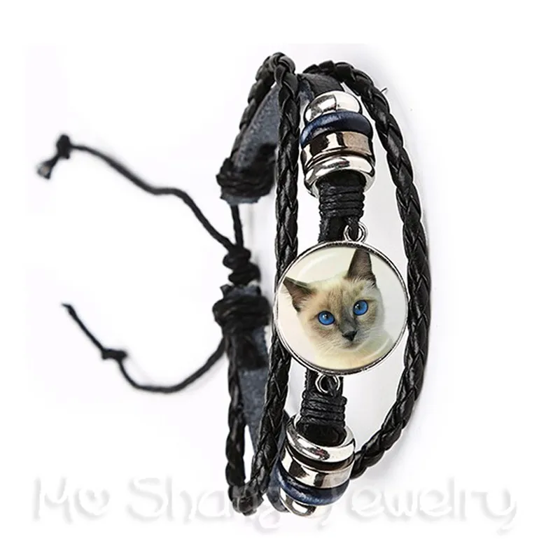 Cat Pet Trendy Bracelet Glass Cabochon Animal Handmade Black/Brown Leather Adjustable Bangle Cat Lover Creative Gift