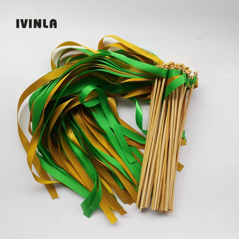 

50Pieces/Lot Gold and Green Wedding Ribbon Wands With Gold Bell For Wedding Decoration