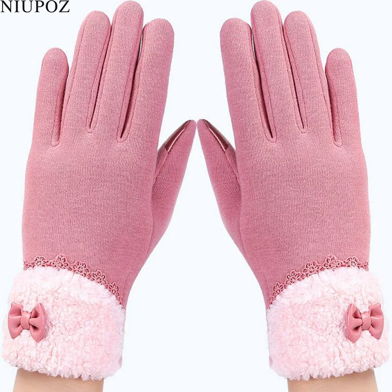 Womens Touch Screen Gloves Winter Fashion Bow Ladies Lace Splice Warm Gloves Mittens Cashmere Female Wrist Guantes Gift 16A