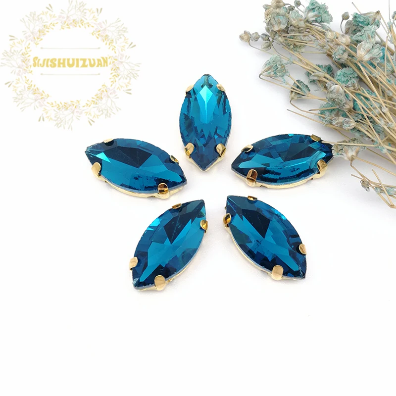 20Pcs/Bag Classic Style Peacock Blue Horse Eye Shape Glass Crystal Sew On Rhinestones With Gold Claw Diy Shose Accessories