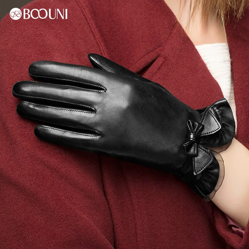 Genuine Leather Gloves Women Fashion Red Brown Short Winter Plus Velvet Thicken Bow knot Lace Real Sheepskin Driving Glove NW176