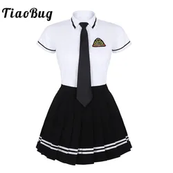 TiaoBug Japanischen Schule Mädchen Uniform Anzug Weiß Kurzarm T-shirt Top Plissee Rock Cosplay Koreanische Mädchen Student Kostüm Set