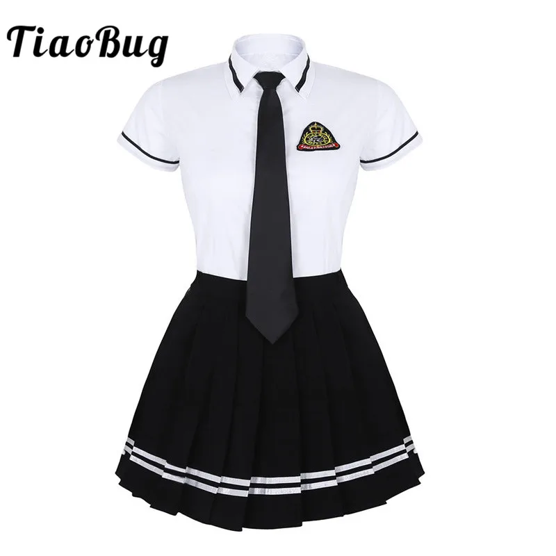 TiaoBug japońska uczennica mundurek biały T-shirt z krótkim rękawem Top plisowana spódnica Cosplay koreańskie dziewczyny kostium studencki zestaw