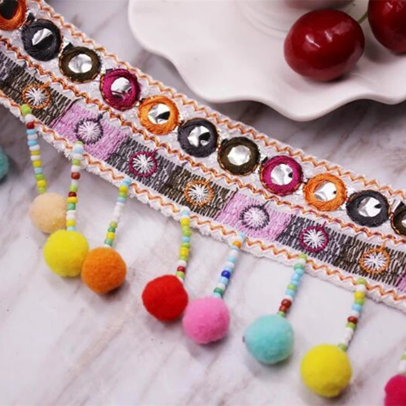 Beads Tassel Lace Trim Bohemian Style Mirror Ribbon Pompom Trim Sewing On Clothes Bag Crafts Accessories Fringe Braid Ribbon