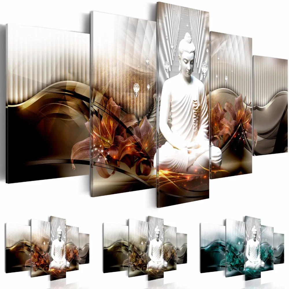 

Fashion Wall Art Canvas Painting 5 Pieces Abstract Diamond Lily Flower White Buddha Modern Home Decoration,No Frame