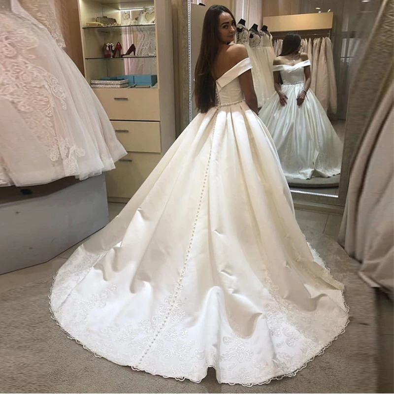 Prinses Baljurk Trouwjurk Off Shoulder Wit Ivoor Robe De Maria 2019 Kralen Belt Applicaties Vestido De Noiva Sweep trein