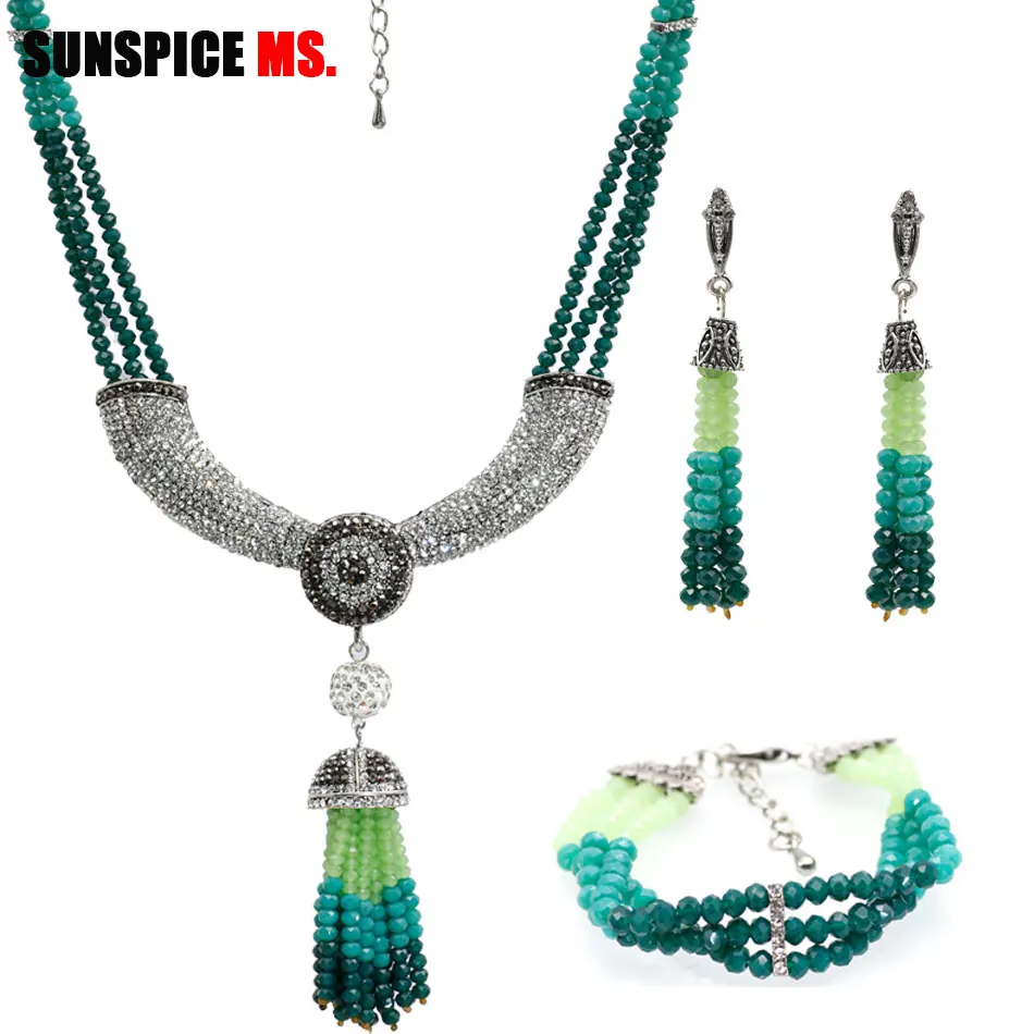 SUNSPICE-MS Dubai African Bead Jewelry Sets For Women Drop Earrings Full Crystal Necklace Handmade Stone Bracelet Wedding Bijoux