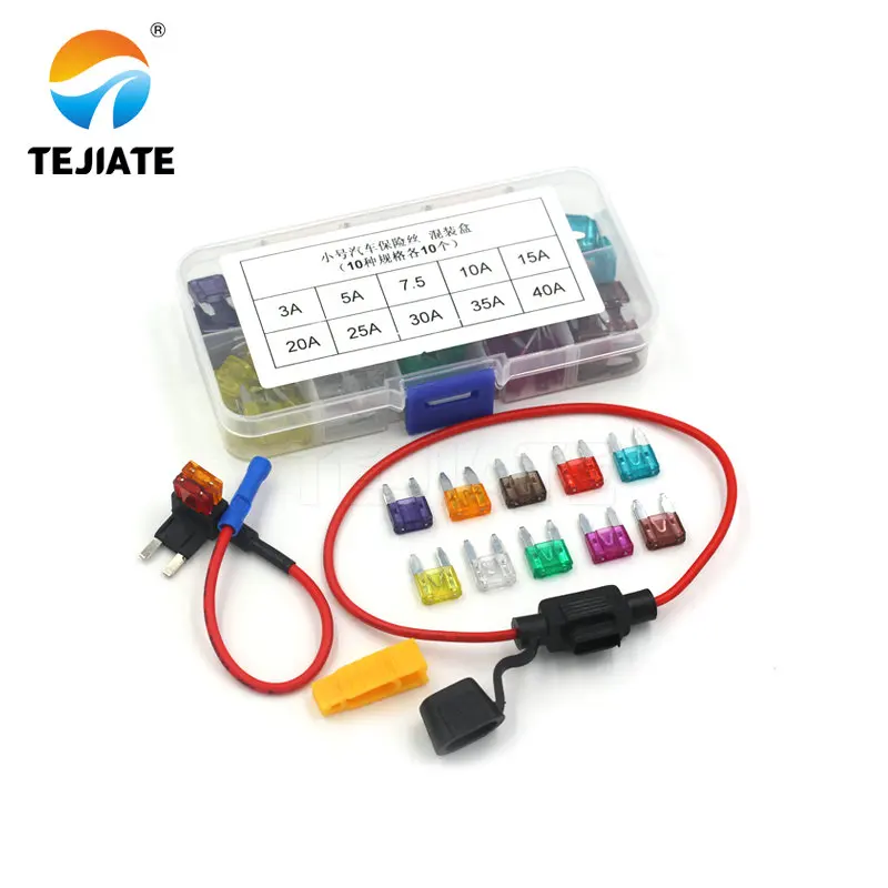 100 Pz/lotto di Piccola Dimensione Mini Lama Fusibili 3A, 5A, 7.5A, 10A, 15A, 20A, 25A, 30A, 35A, 40AMP Scatola di Plastica Assortimento con Il Supporto Della Clip Elettrico