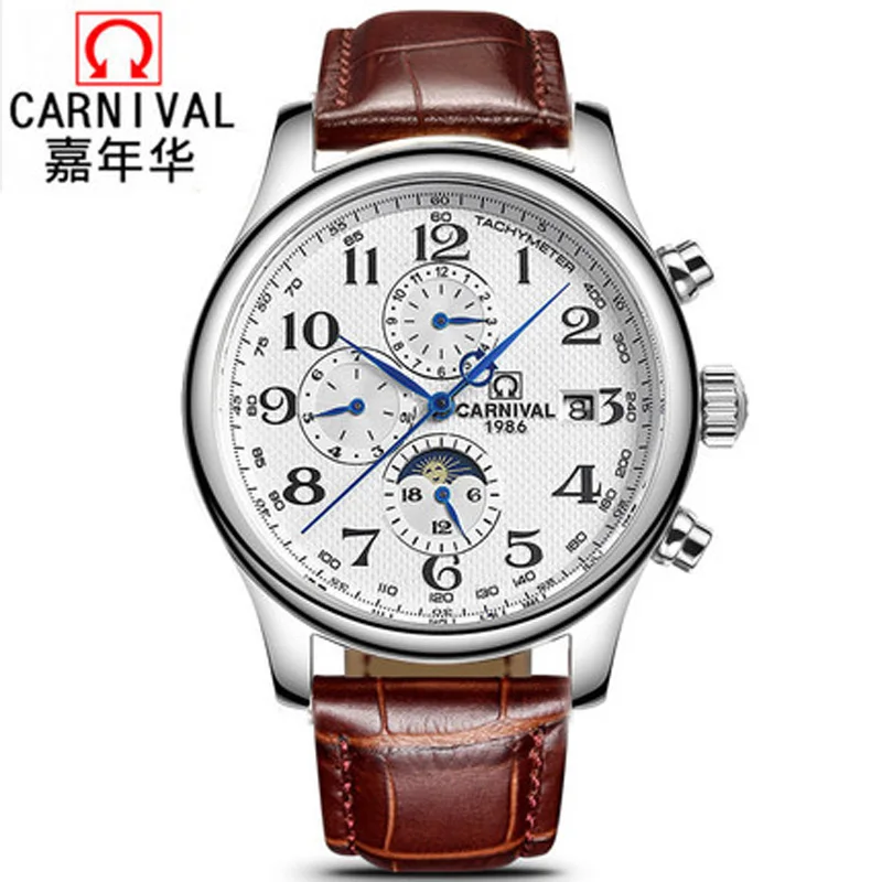 

Carnival Brand Luxury Watches Men Automatic Mechanical Man Watch Waterproof Multi-function Moon Phase Tachymeter Clock C0702-3