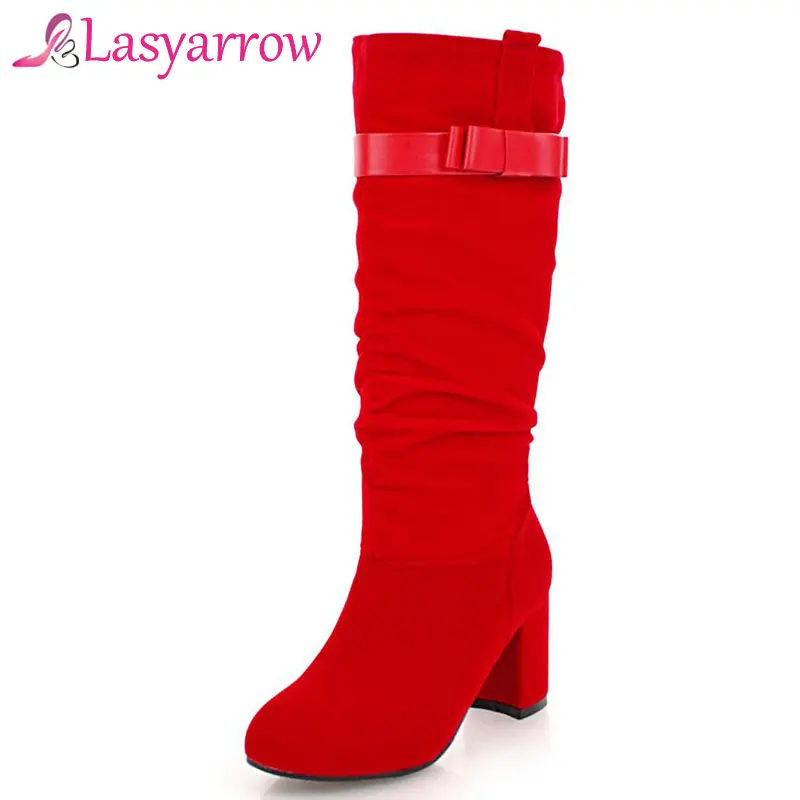 

Lasyarrow Mid Calf Boots Ladies Knight Boots Slip On Pleated Butterfly-knot Half Boots Plus Size 31-43 Black Blue Red Shoes F518