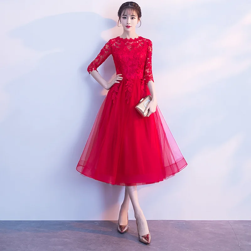 Banquet Bridesmaid Dresses 2019 New Fashion Elegant Wedding Party Dresses Black Half Sleeve Illusion O-neck Knee Length