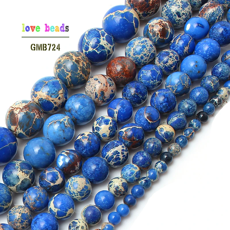 Natural Stone Beads Blue Sea Sediment Jaspers Round Loose Beads For Jewelry Making 15.5\