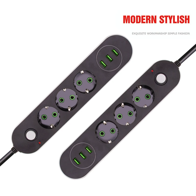 2 Round Pin EU Plug Power Strip Socket 3 Outlet 3Port USB Multi 5M/2M/1.4M Cable Extension Cord Outlet Socket Network Filter