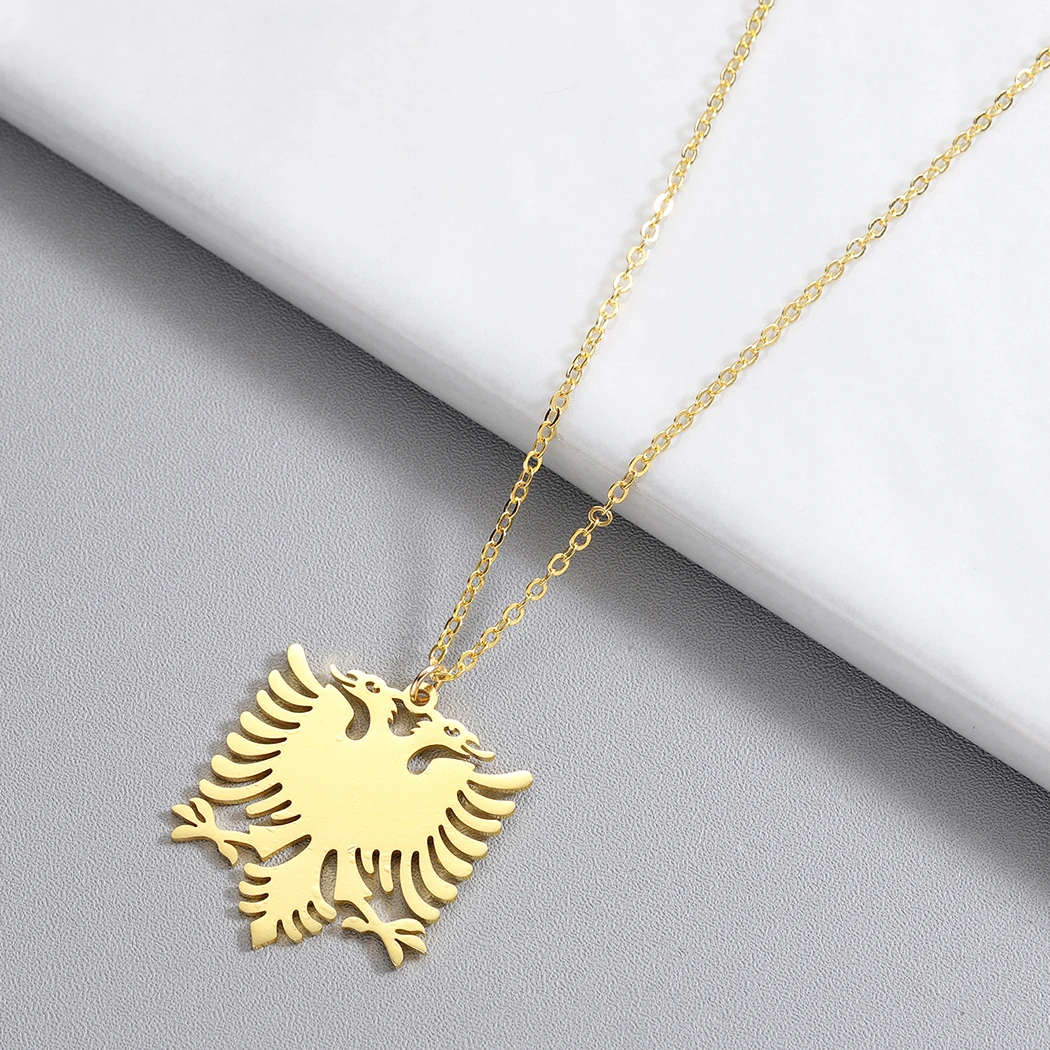 Kinitial New Albania Double Eagle Pendants Necklaces Stainless Steel Choker Jewelry for Women Girls Ethnic Gifts bijoux femme