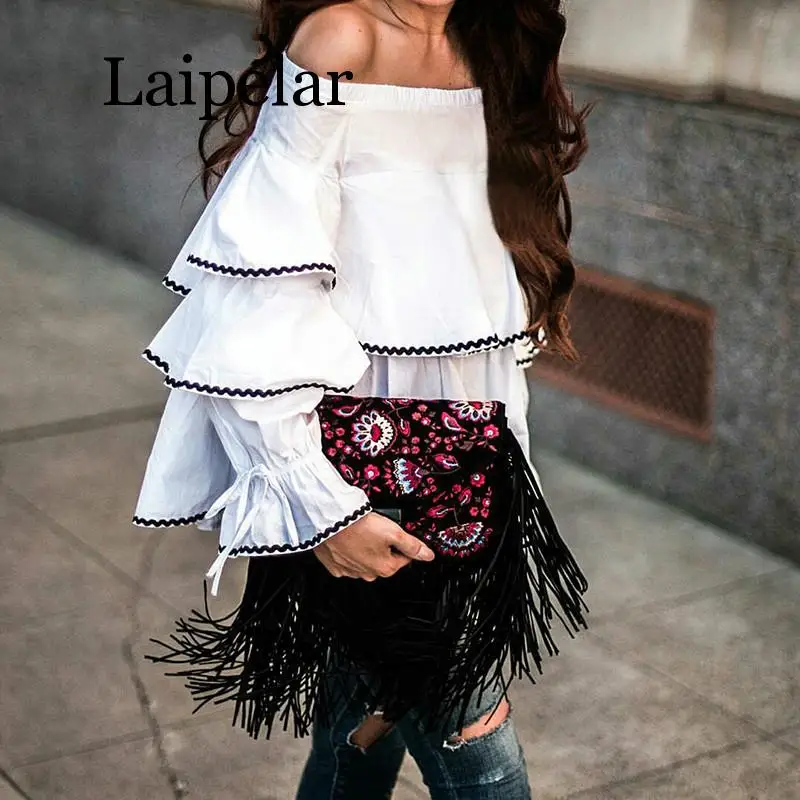 Laipelar Ruffle witte blouse chemise Casual blouse met lange mouwen damestops Elastische coole blouse koude schoudertops