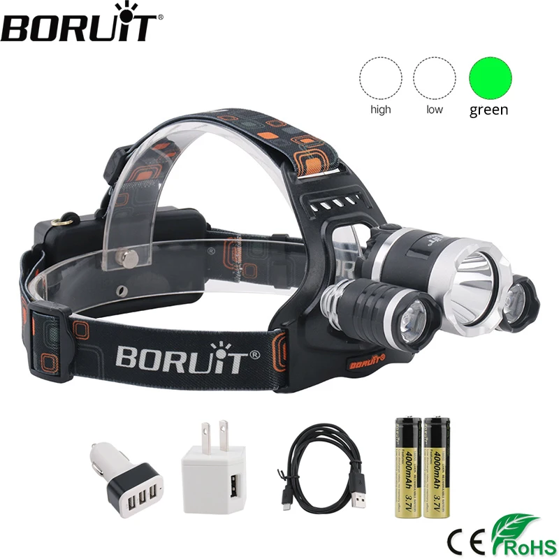 BORUiT RJ-3000 LED Headlamp with Green Light Ultra Bright 3000LM Headlight USB Rehargeable Head Torch Camping Fishing Lan