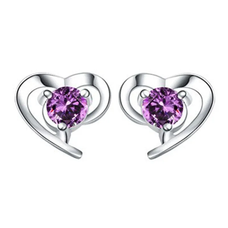 Wholesale Fashion Girl Woman Jewelry Aaa Zircon Amethyst Purple Heart 925 Sterling Silver Stud Earrings Ys16