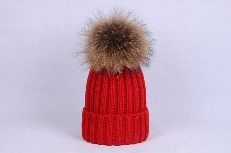 Thick Warm Adult Natural Raccoon Fur Ball Winter Hat Women Knitted Pom Pom Cap Beanies Caps Bonnet Homme