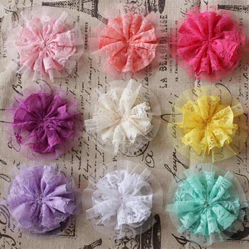 Trend Vintage Lace Flower Frilly Hair Flowers Tulle flower perfect for girl Hair Accerssiory 18 colors