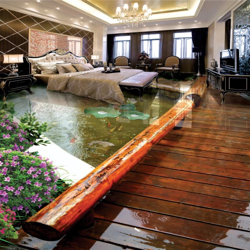 Custom Photo Wallpaper Chinese Style Park Wood Bridge Floor Murals Living Room Bedroom Bathroom PVC Waterproof Floor Sticker 3 D