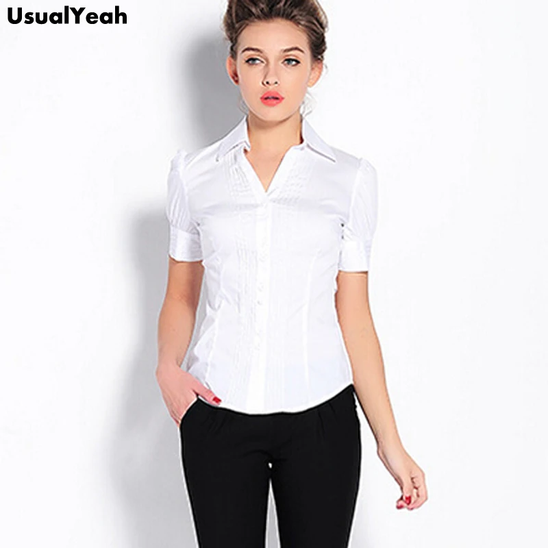 Pleated Dressy Women Blouses V Neck Solid Color Blouse Short Sleeve Shirt Slim Tops Black Blue White Ladies Office Shirt