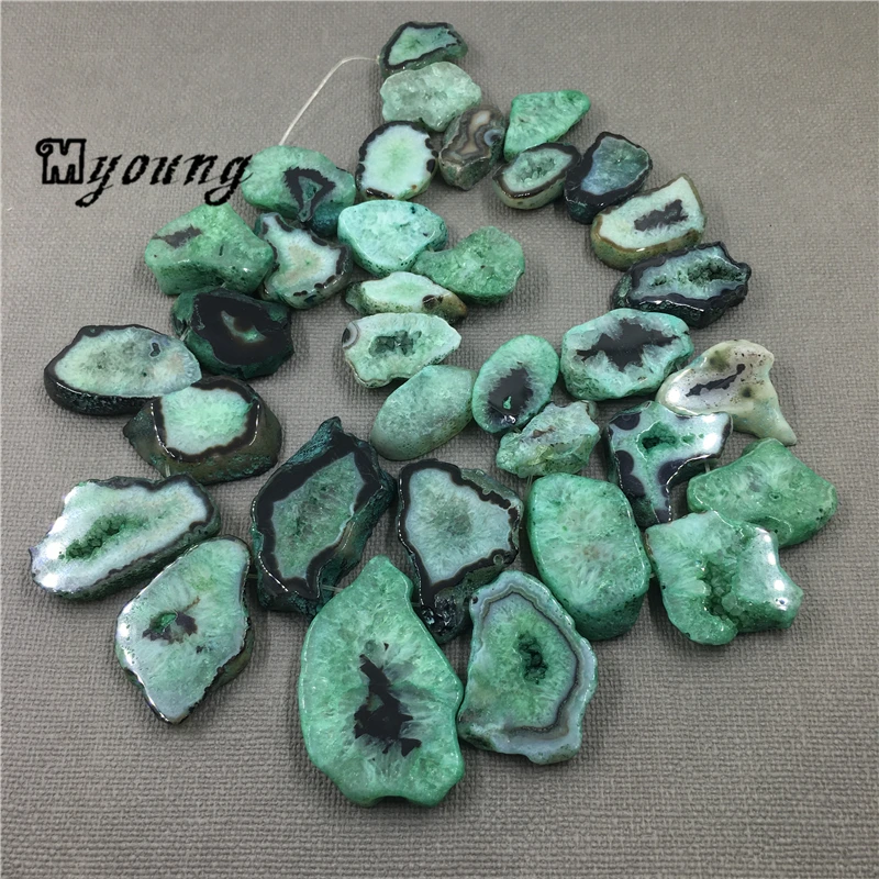 

Agates Quartz Geode Freeform Slab Pendant Beads,Green Raw Gems Stone Drusy Slice Top Drilled beads Jewelry MY1501