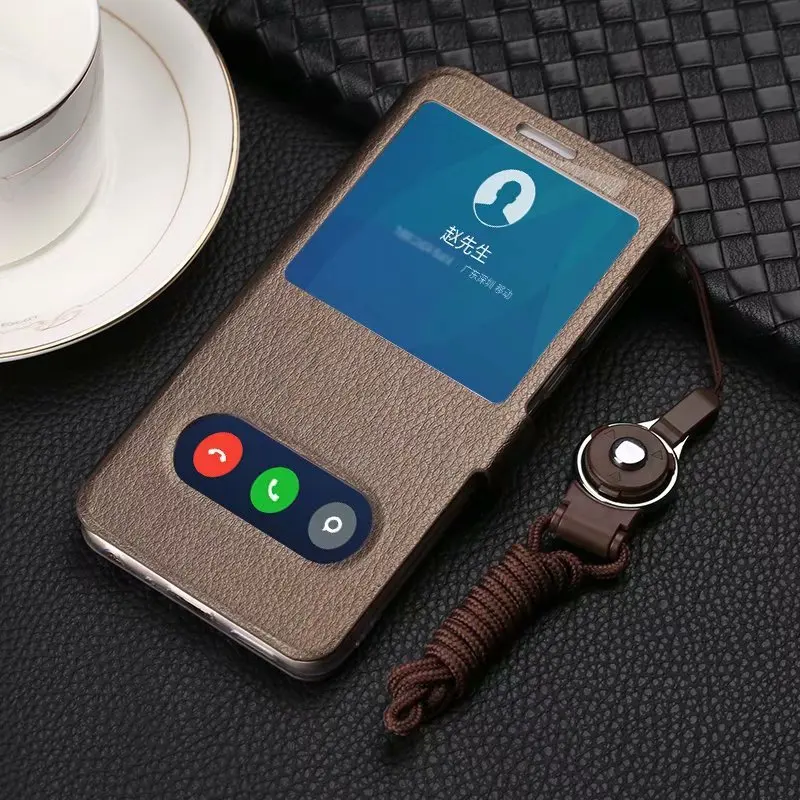 Business Double View Window Flip PU Leather Case POCO M4 M3 Redmi Note 10 11 Pro Plus Mi 11T Lanyard Cover Magnetic Buckle Case