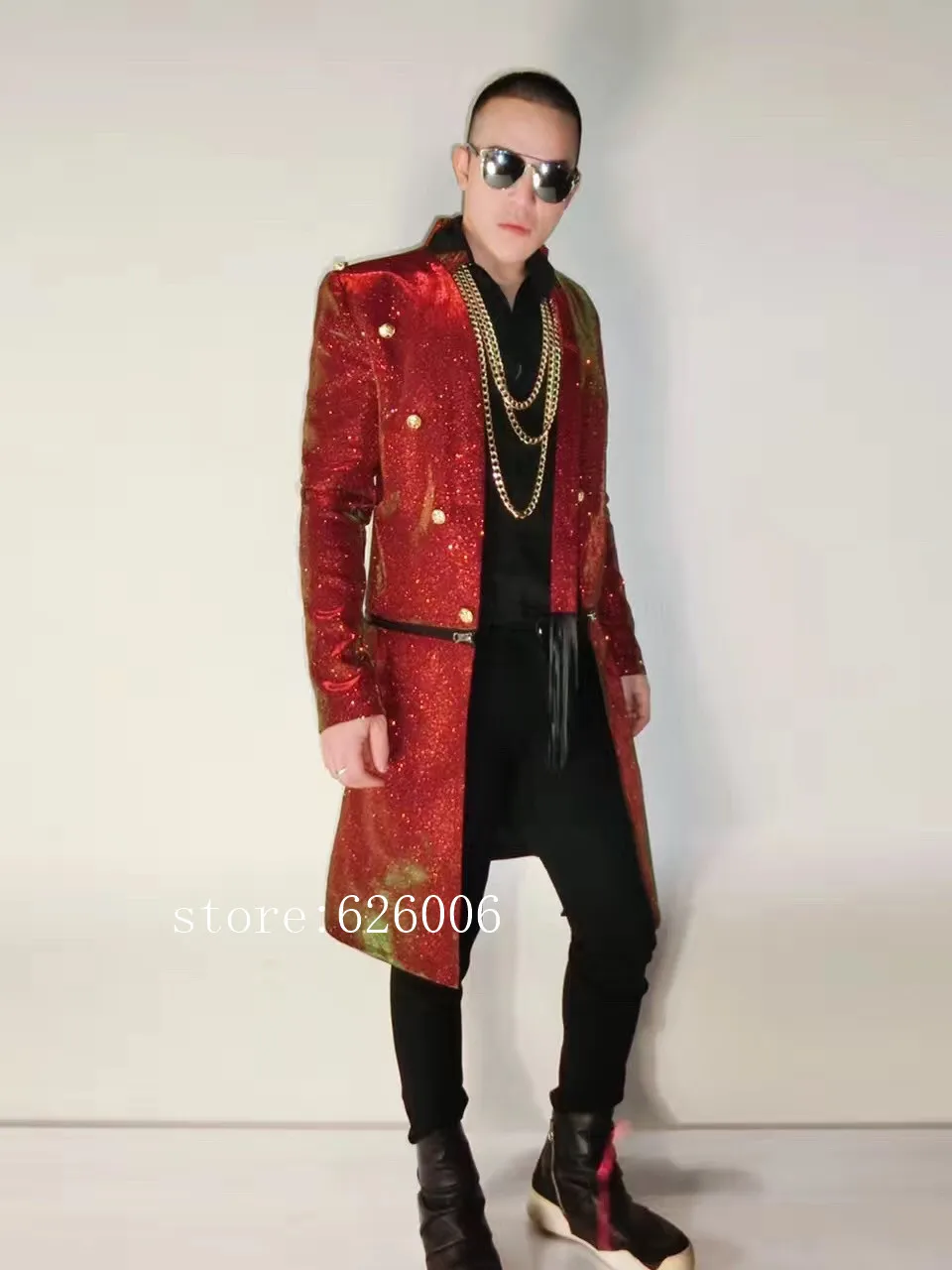 NightClub DJ male singer dancer party show stage Men's red and green dazzle colour glitter long detachable jackets costumes