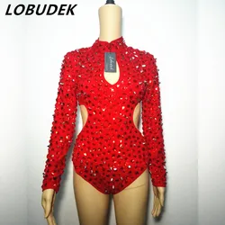 Stage Sexy Red Rhinestone Rivet Bodysuit Women DJ Dancer Singer Hollow Nightclub Bar Performance Dance Costume Party Outfit