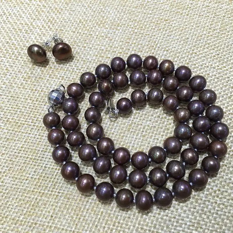 

AAA quality fine jewelry necklace earring set brown color perfectly round 100% natural Cultured freshwater pearls Classic