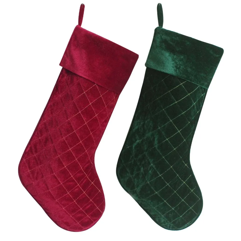 

New arrivel Set of 2 pcs Red & Green Velvet Stocking Diamond Quilted Embroidery decoration Socks Christmas stocking