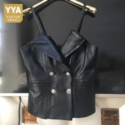 Genuine Leather Vest Black Female Sleeveless Short Sexy Leather Waistcoat Clothing Korean Style Streetwear Sheepskin Vests Soft