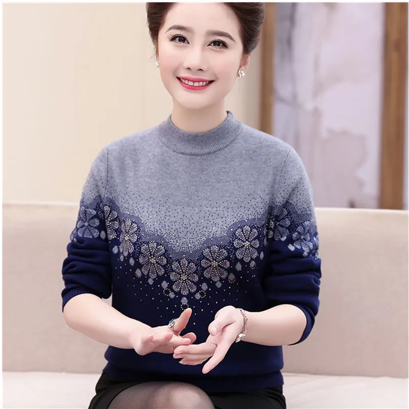 Maglione autunno inverno maglione dolcevita donna di mezza età spesso caldo moda stampa maglione nobile Pullover W294