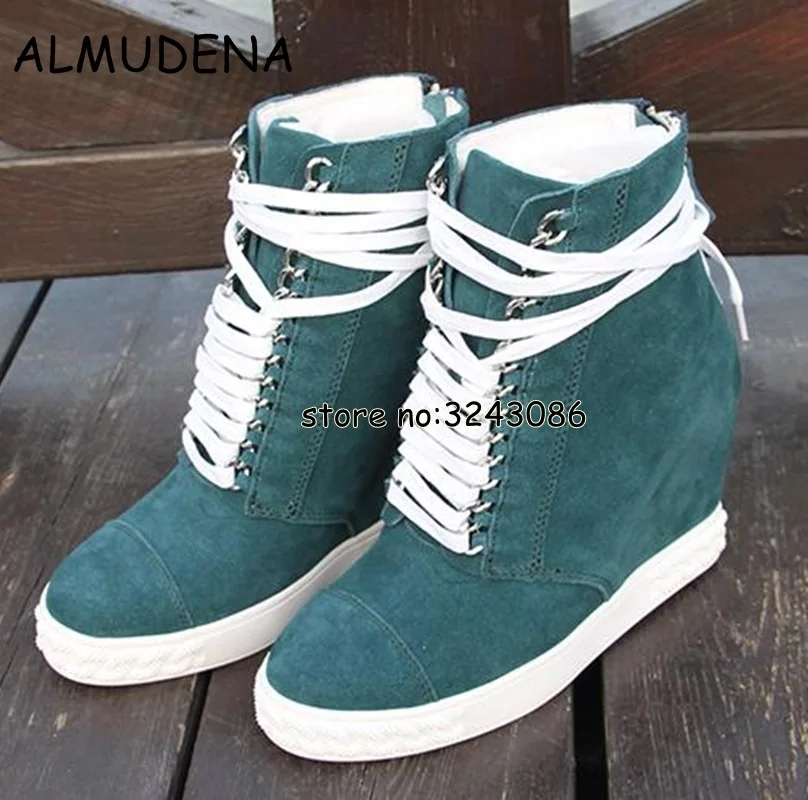 Metal Chain Woman Casual Outdoor Sneakers Suede Round Toe Platform Wedge Ankle Boots Lace Up Lady Height Increasing Shoes