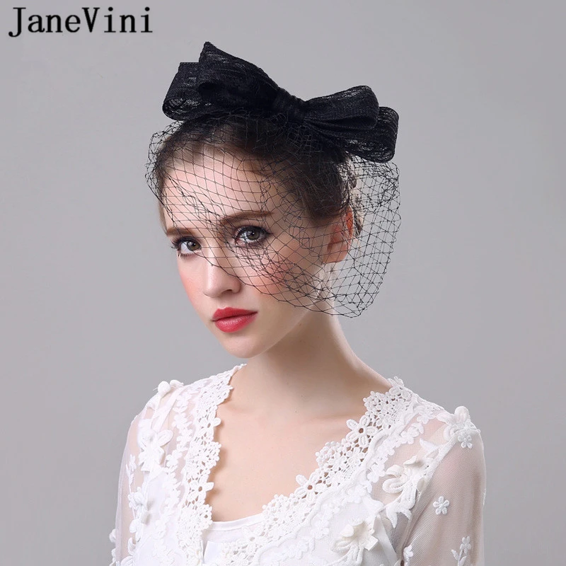 JaneVini Fashion Black Bridal Hat with Veil Fascinator Big Bow Bride Net Wedding Hats Face Veils Womens Wedding Hats Accessories