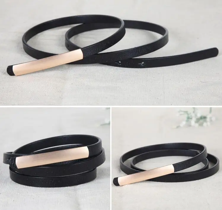 Women's Abrasive Gold Belts Buckle Metal Narrow Genuine Leather Black Belt for Women Waist Ceinture Femme Luxury Brand Designer