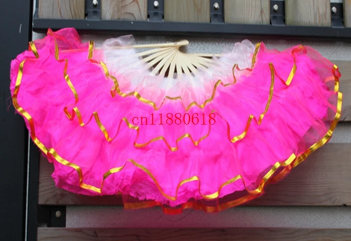 50pcs/lot Free shipping 3 layer golden edge Hand Made Belly Dance Dancing Silk Bamboo Fans Red pink colors