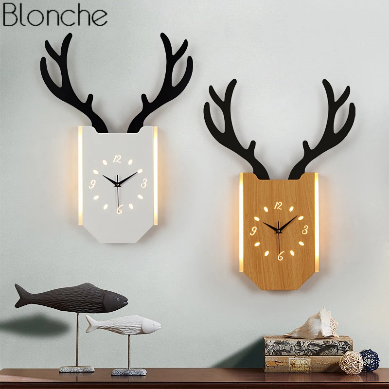 

Nordic Antlers Clock Wall Lamp Deer Wood Light for Living Room Bedroom Luminaire Modern Led Sconce Home Decor Lighting Fixtures