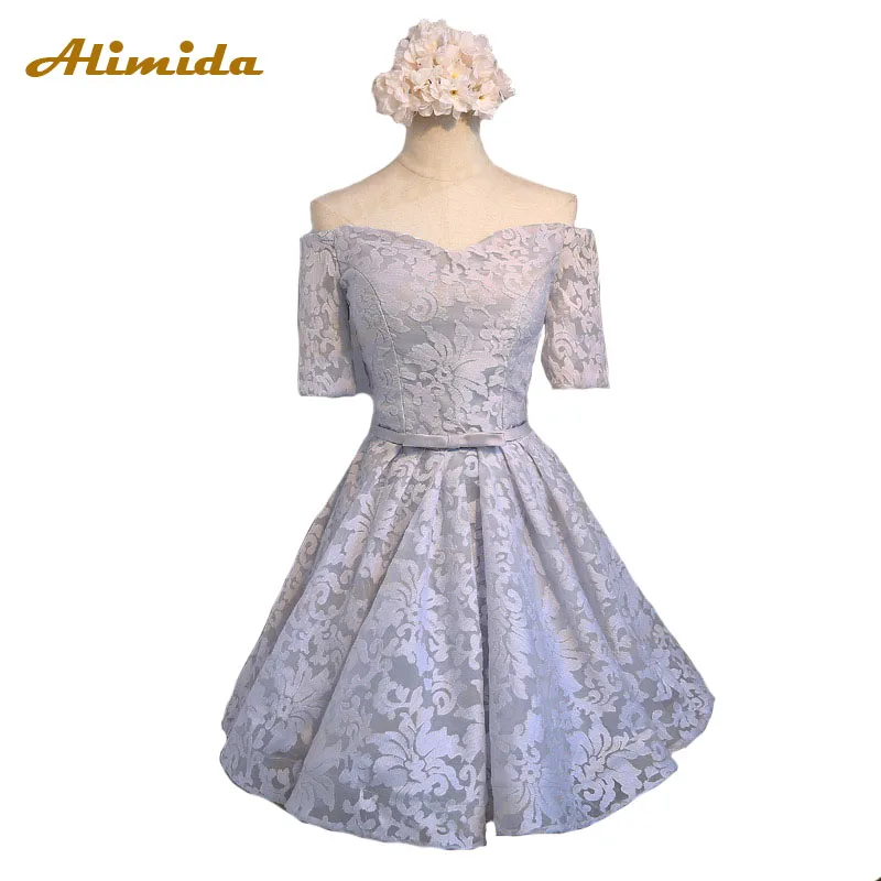 

Alimida Short Evening Dress 2020 Half Sleeve Lace Prom Dresses Wedding Party Dress Sweetheart Robe De Soiree Custom Made
