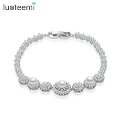 LUOTEEMI New Arrival Classic Sparking White Simulated-Pearl Clear Cubic Zirconia Wedding Bracelet & Bangles for Women Jewellry