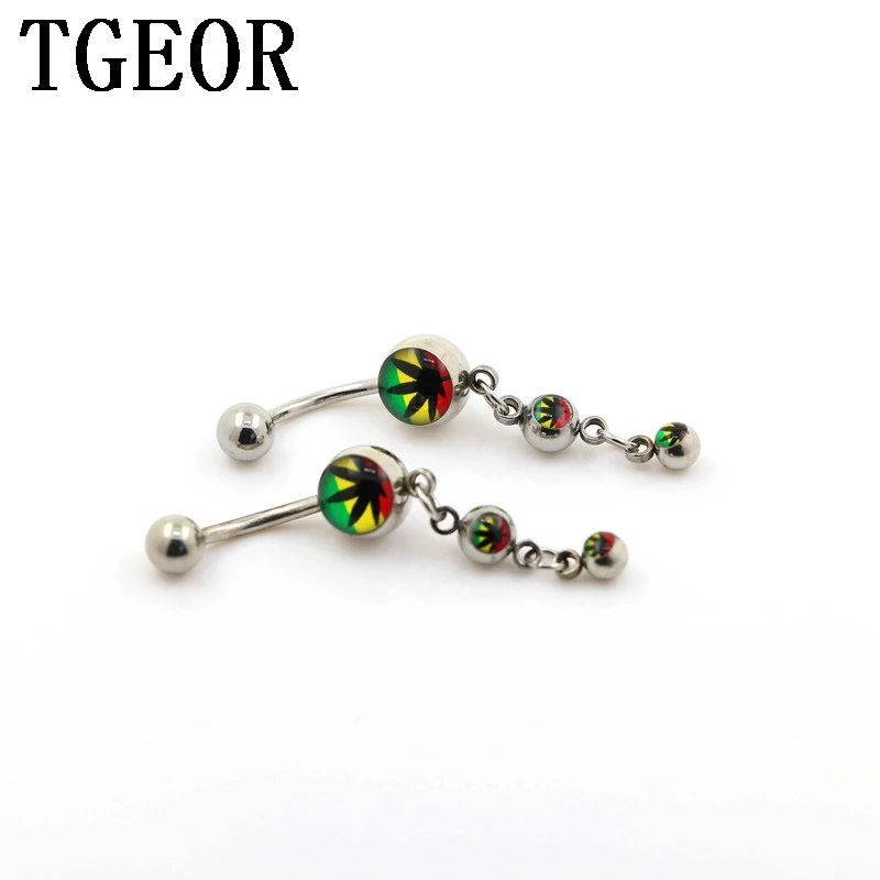 Hot wholesale 1.6*11*5/8 mm 10pcs dangle ball with rasta leaf logo navel ring Stainless Steel belly button ring free shipping