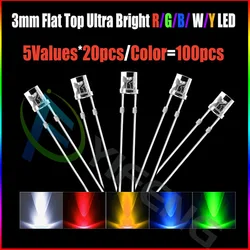 20pcs x 5 Colors = 100pcs 3mm 2pins Flat top White Red Yellow Blue Green Wide Angle light emitting diode lamp LED