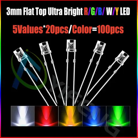 100pcs 3mm 2 Pins LED Diodes 5 Colors yf