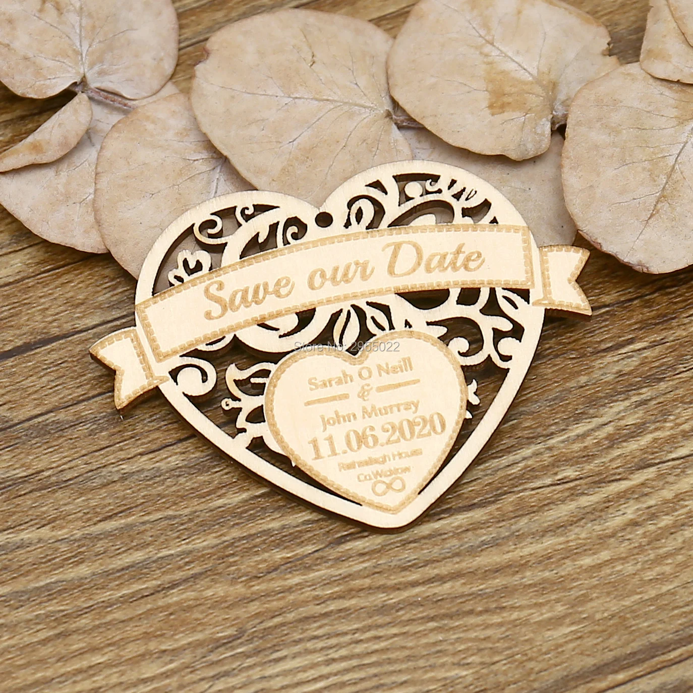 Floral Heart Wooden Save the Date Custom,Personalized Wedding save the date gift tag, wedding favors, heart cutout save the date