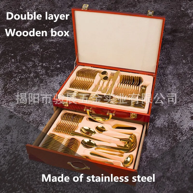 (84pcs) Luxury Golden Stainless Steel Steak Knife Fork Spoon Set Luxury Wood Box High Grade Western Tableware